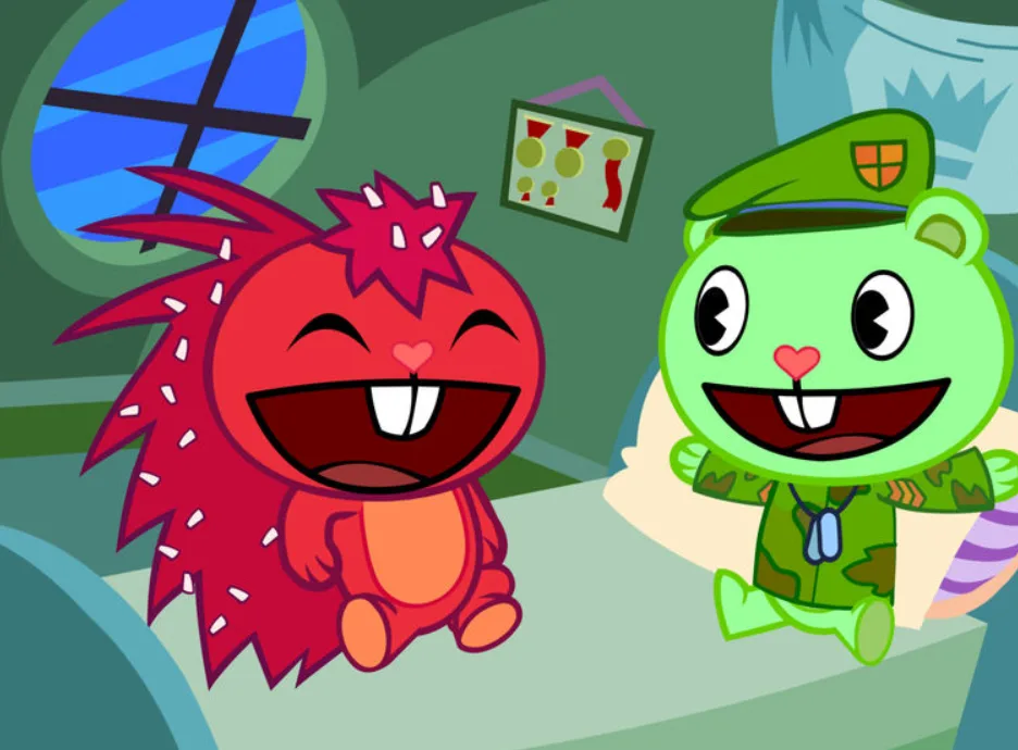 Two cartoon characters from Happy Tree Friends, a red spiky creature and a green bear in a military uniform, are sitting on…