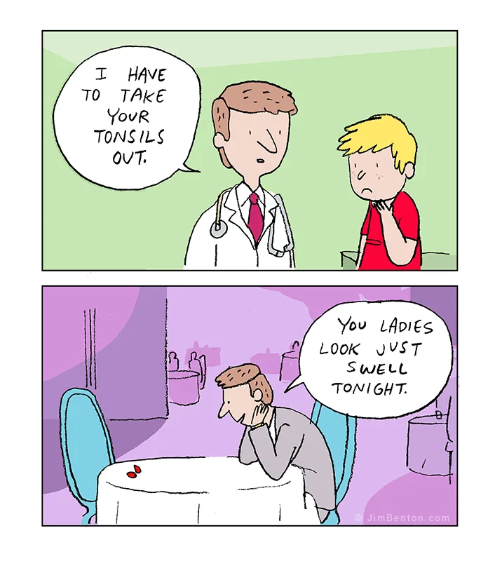 A two-panel comic strip shows a doctor telling a young boy he must remove his tonsils, and later, the same doctor at a…