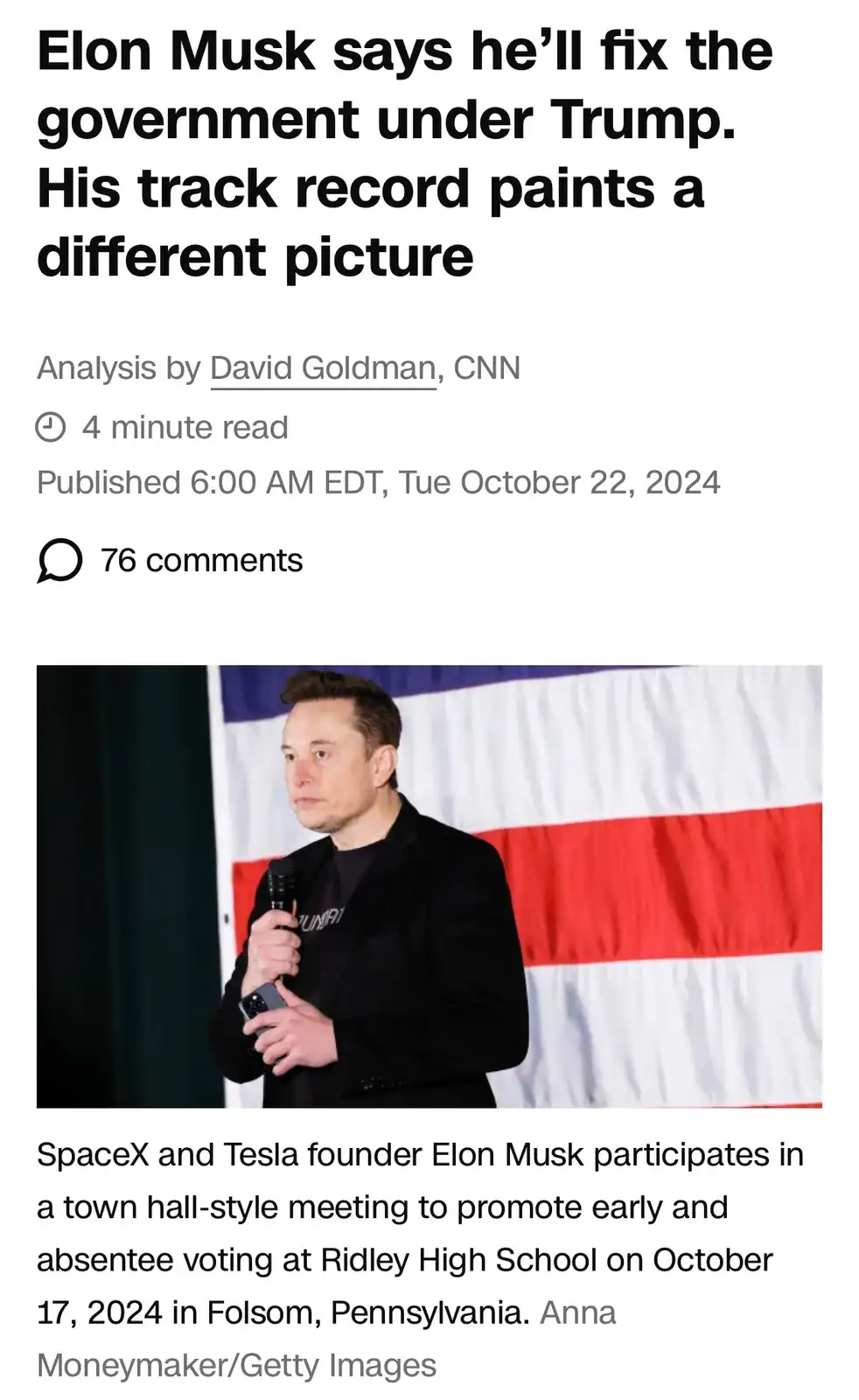 A screenshot of a CNN article shows a photo of Elon Musk holding a microphone and a phone, standing in front of an American…