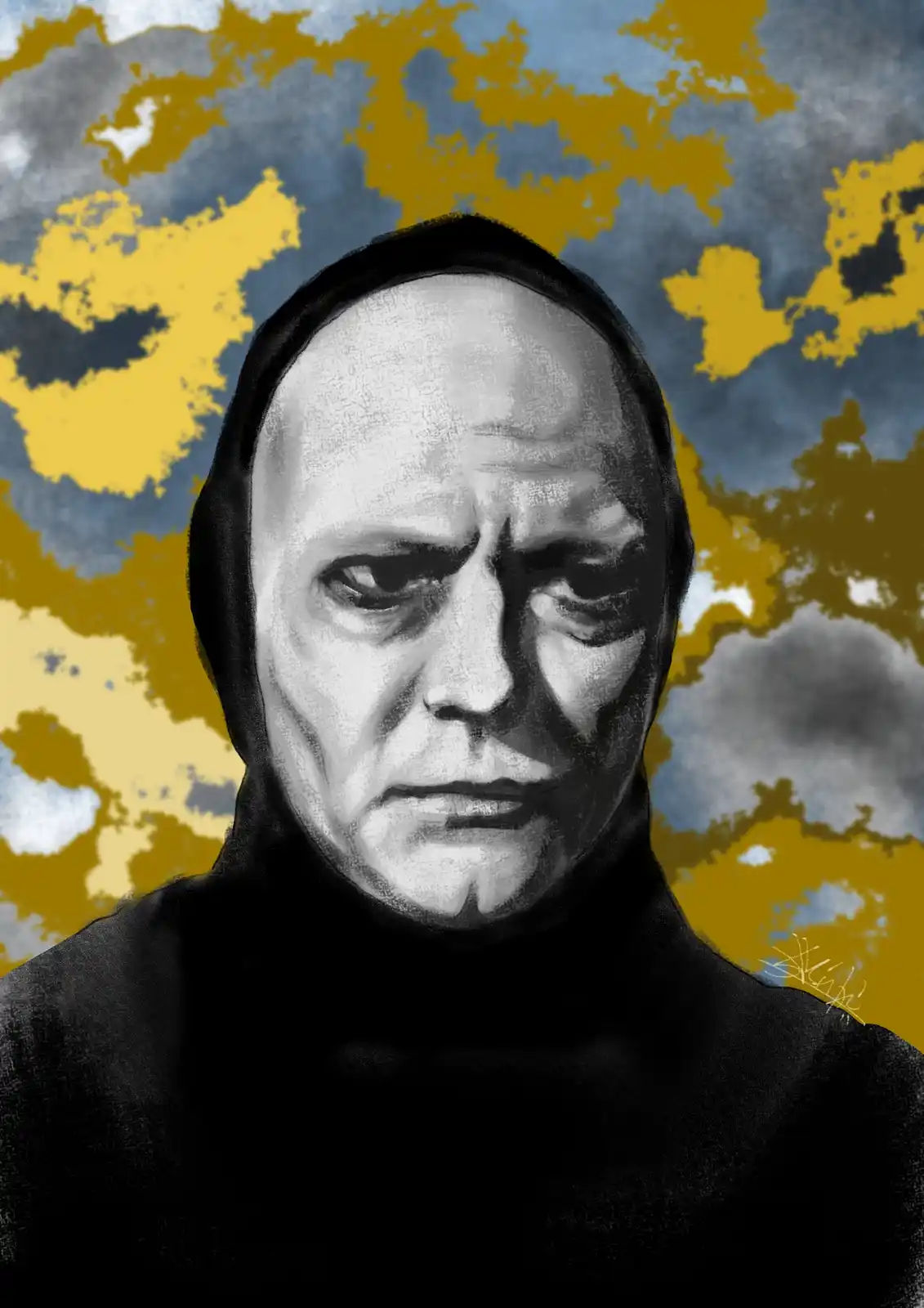 A digitally rendered portrait of a bald man in a black hooded robe, looking sternly at the viewer against a background of…