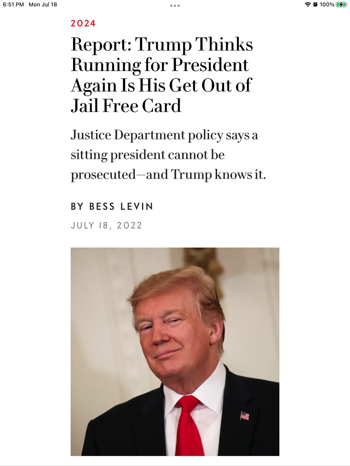 The image displays a mock news article dated 2024, with a headline claiming Trump believes running for president again is…