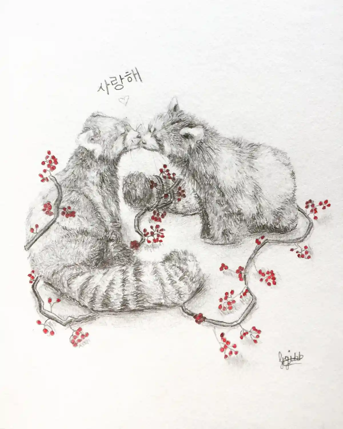 A pencil sketch depicts two fluffy cats nuzzling affectionately, surrounded by red berry branches forming a heart shape…