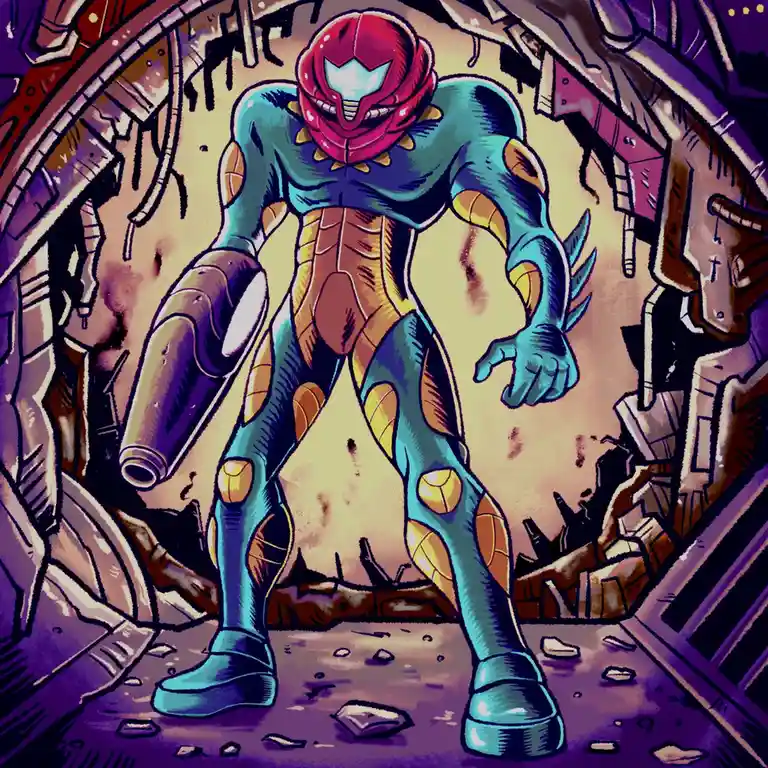 A stylized illustration of the video game character Samus Aran from Metroid, standing in a broken doorway with debris around…