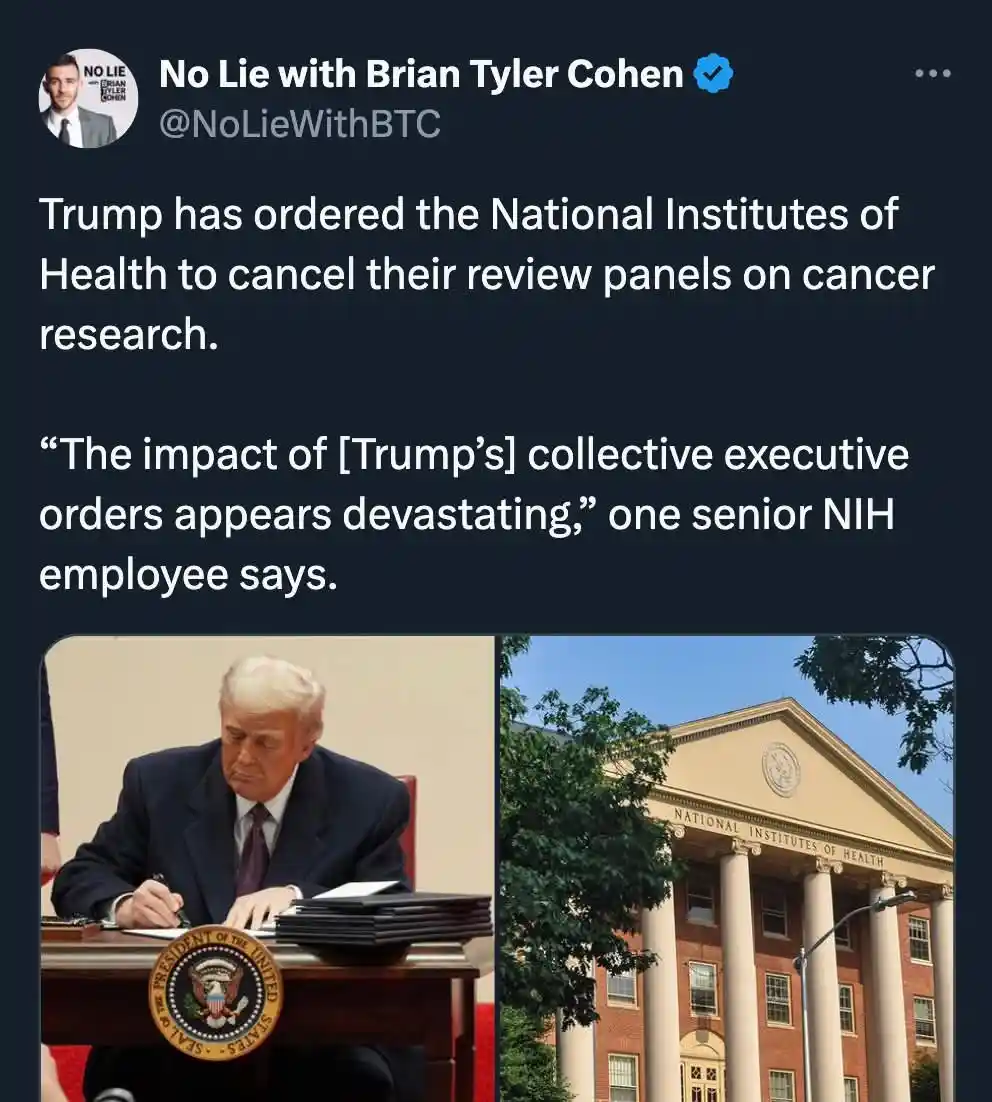 A screenshot of a tweet from 'No Lie with Brian Tyler Cohen' shows a split image: on the left, Donald Trump signing…