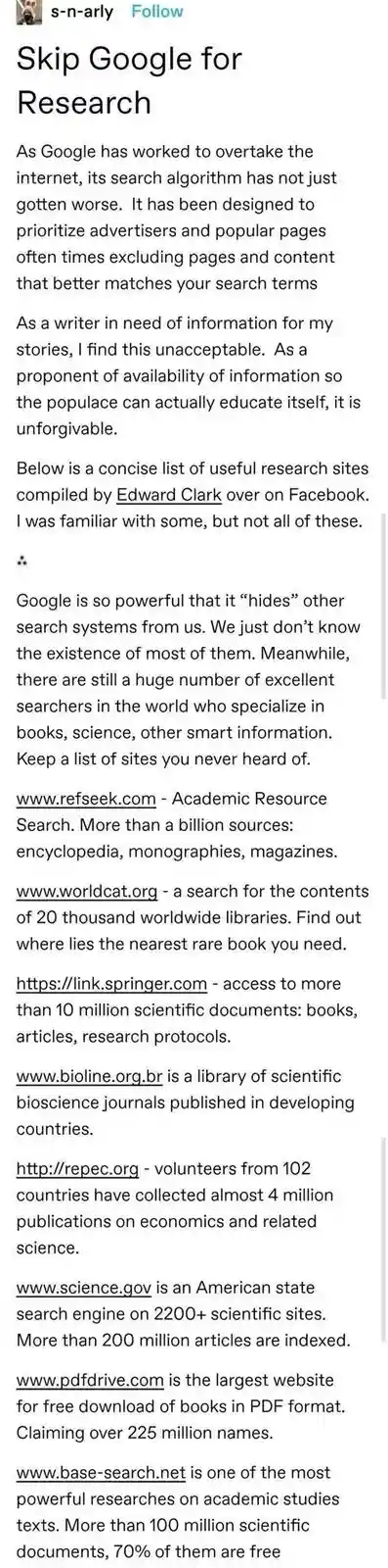 A screenshot of a social media post titled 'Skip Google for Research' by user 's-n-arly', listing alternative academic and…
