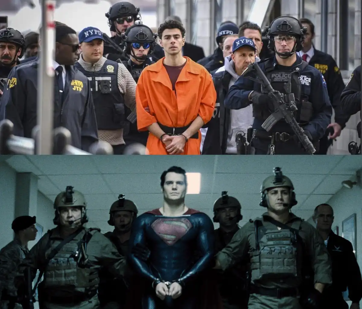 The image is a two-panel meme. The top panel shows a man in an orange jumpsuit, handcuffed, surrounded by heavily armed NYPD…