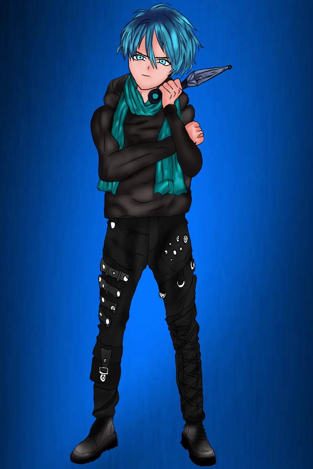 An anime-style male character with blue hair and eyes, wearing a black outfit with a teal scarf, stands against a blue…
