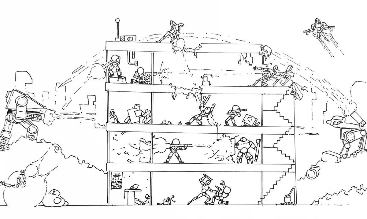 A black-and-white line drawing depicts a multi-story building under siege by robotic soldiers. Figures in combat gear are…