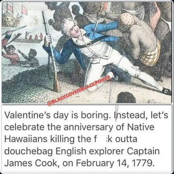 A historical illustration depicts a European explorer in blue and white colonial uniform being attacked by indigenous…