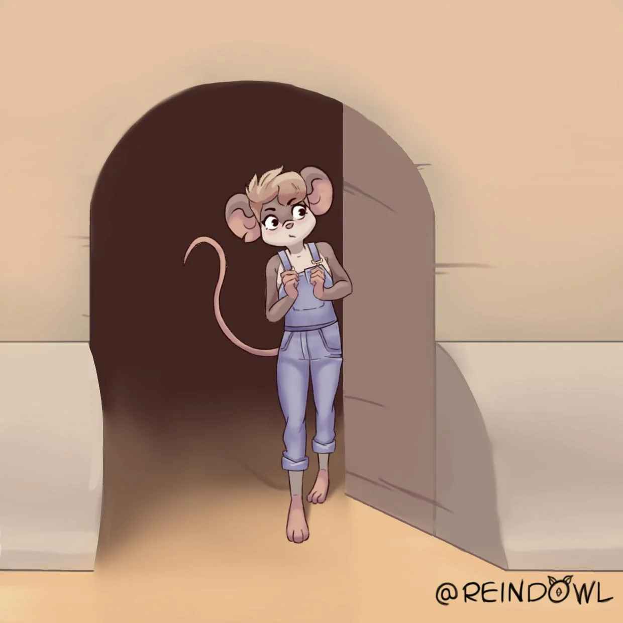 An anthropomorphic mouse with blonde hair and a long tail peeks out from a dark, arched doorway, wearing light blue overalls…