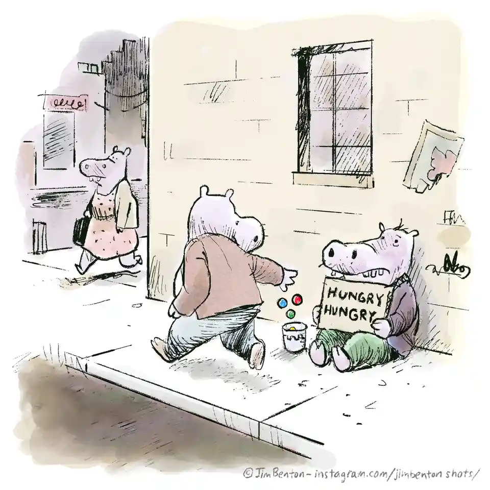 A cartoon drawing shows three anthropomorphic hippos on a city sidewalk. One hippo sits on the ground holding a sign that…