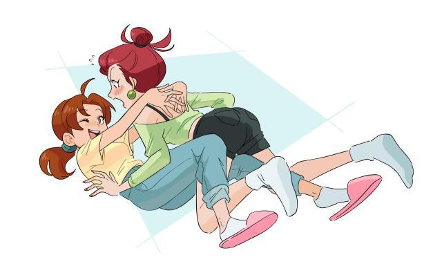 Two anime-style girls are in a playful, affectionate wrestling pose. The girl with red hair is on top, smiling and hugging…
