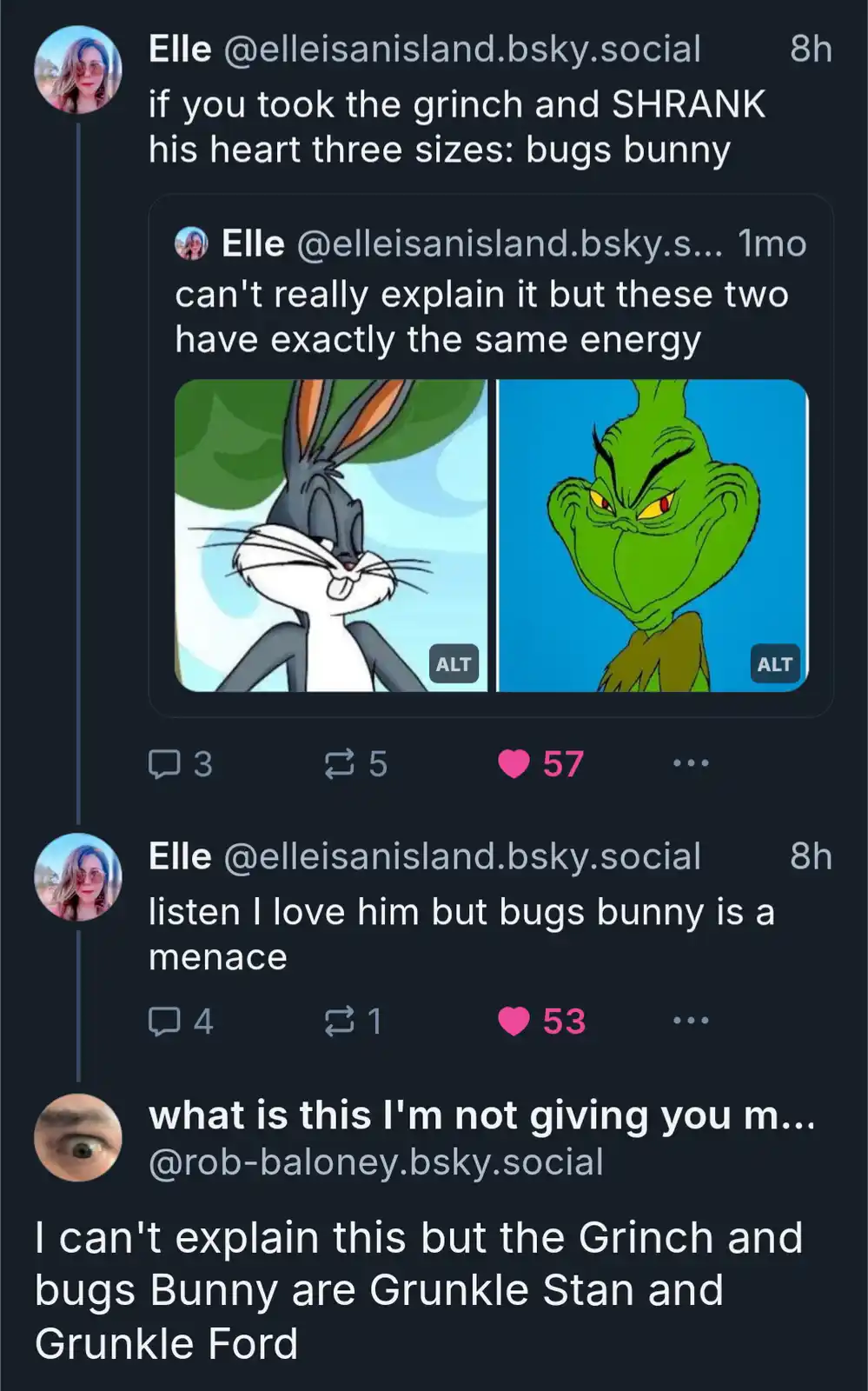 A social media post shows a side-by-side image of Bugs Bunny and the Grinch, with overlaid text stating 'if you took the…