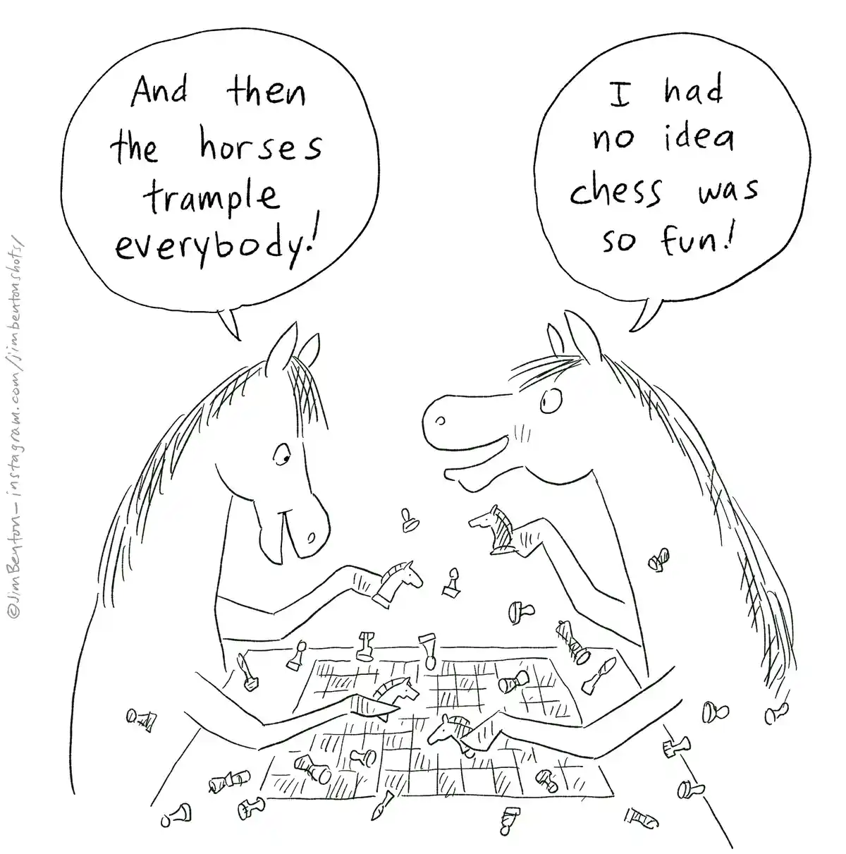 Two cartoon horses are playing chess, but the game is chaotic with pieces scattered everywhere. One horse says, 'And then…