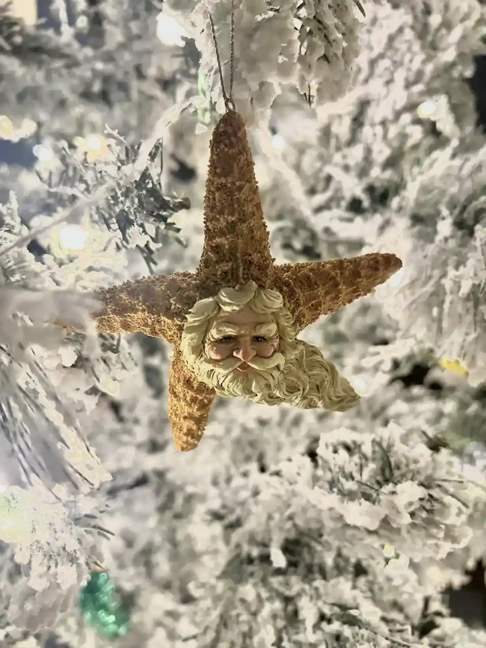 A close-up of a Christmas tree ornament shaped like a starfish, with a Santa Claus face molded into its center, hanging from…