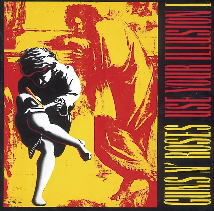 The image is the iconic album cover for Guns N' Roses' 'Use Your Illusion I', featuring a stylized, high-contrast…