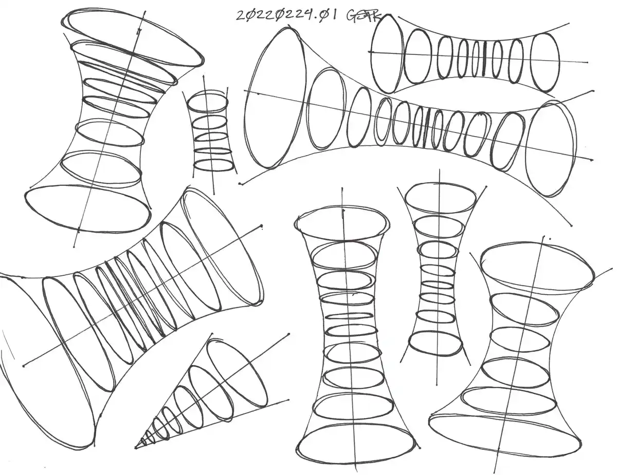 A hand-drawn black-and-white sketch shows multiple abstract, spiraling, hourglass-like shapes with circular cross-sections…