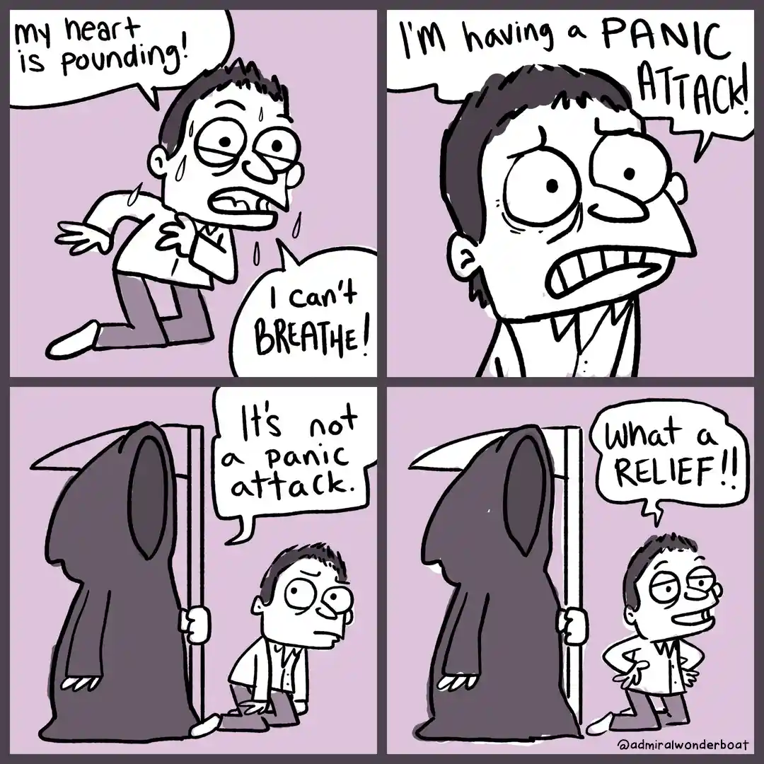 A four-panel comic shows a man experiencing panic symptoms, screaming he's having a panic attack, then kneeling before a…