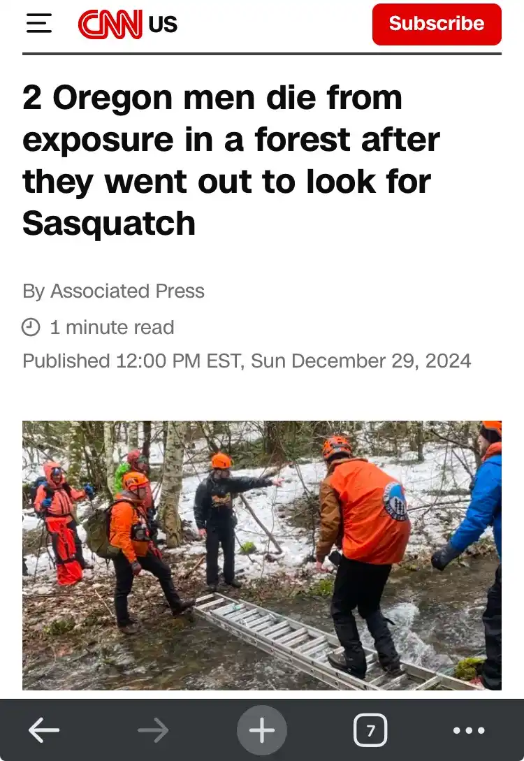 A screenshot of a CNN news article with a headline about two men dying from exposure while searching for Sasquatch. The…