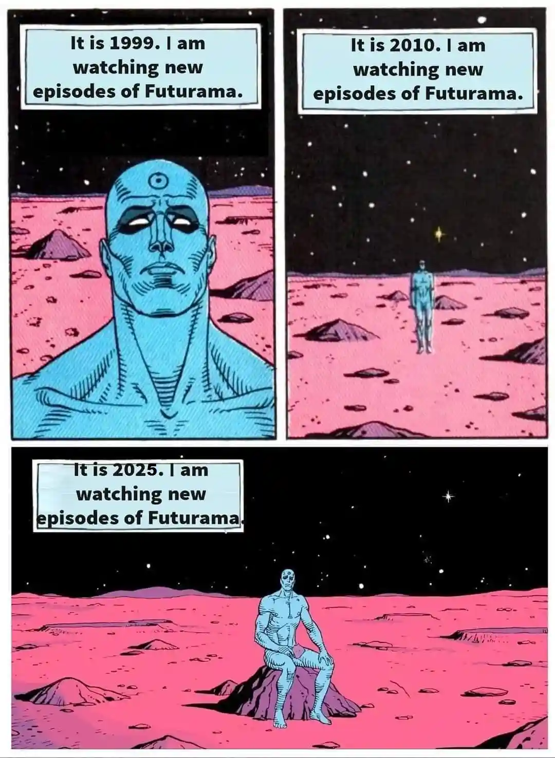 A three-panel comic strip featuring a blue-skinned, bald alien with a third eye on his forehead, set against a pink, rocky…