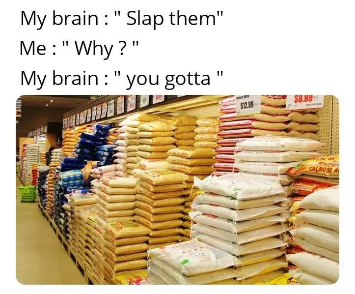 An image of a supermarket aisle filled with tall stacks of rice bags in various colors and brands. Overlaid text reads: 'My…