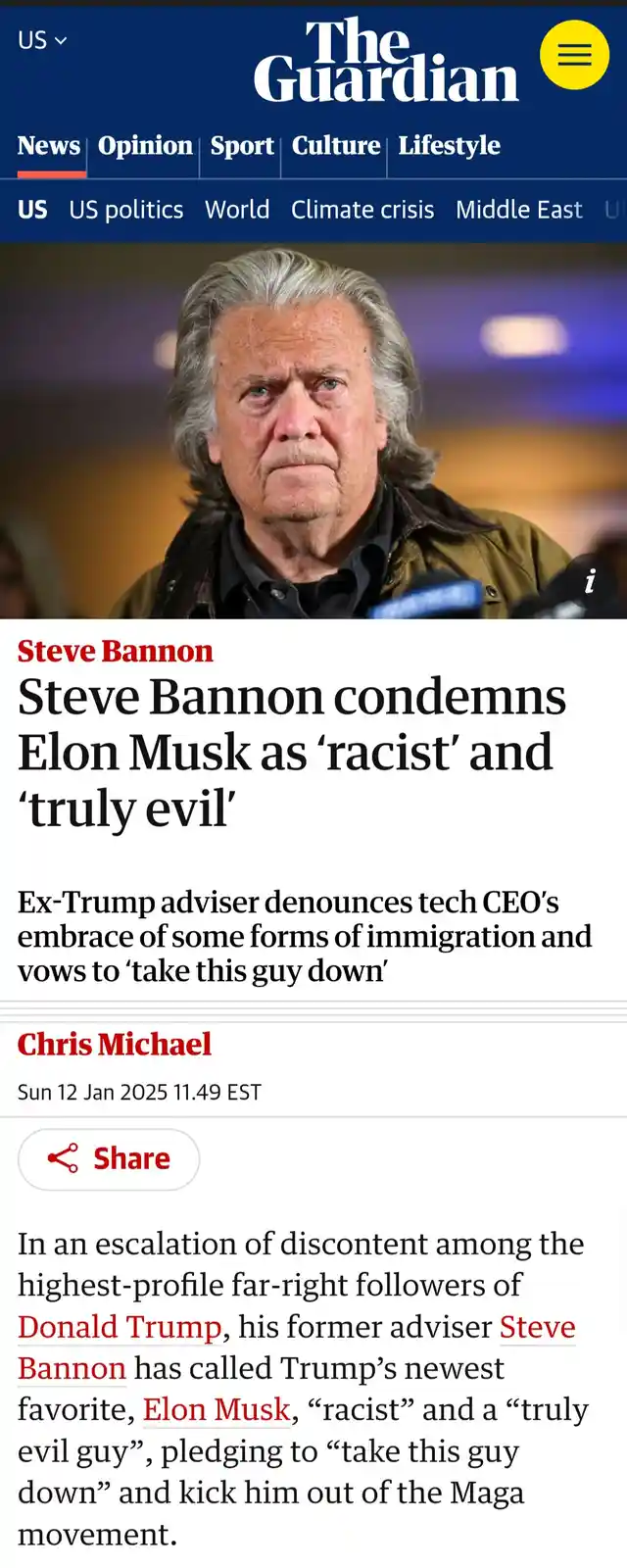 The image shows a screenshot of a The Guardian news article featuring a photo of Steve Bannon with a stern expression. The…