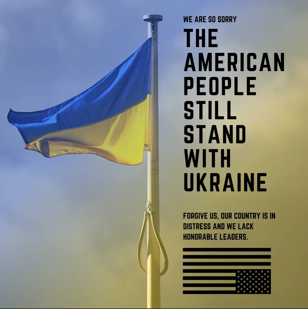A Ukrainian flag flies on a pole against a cloudy sky, with bold black text overlaid that reads 'WE ARE SO SORRY THE…