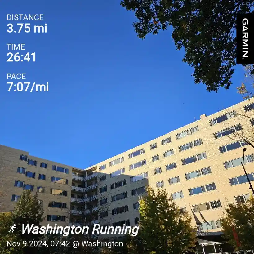 A fitness tracker screenshot from a Garmin device shows a 3.75-mile run completed in 26 minutes and 41 seconds with a pace…