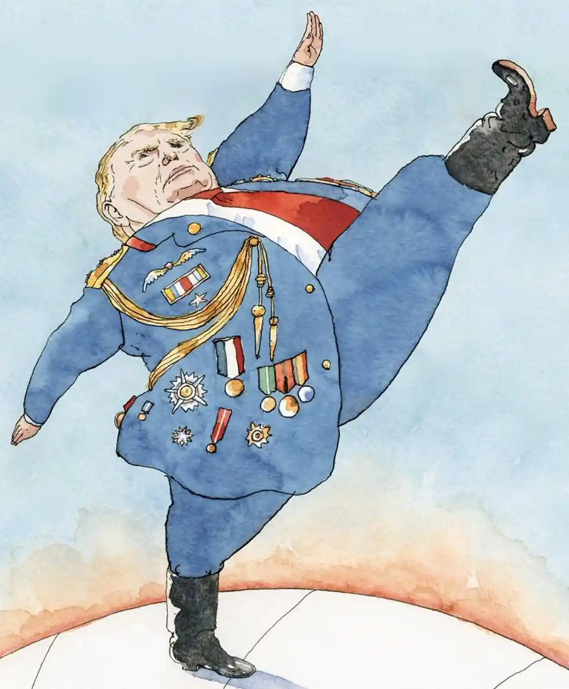 A watercolor illustration shows a caricature of Donald Trump in a heavily decorated blue military uniform with numerous…