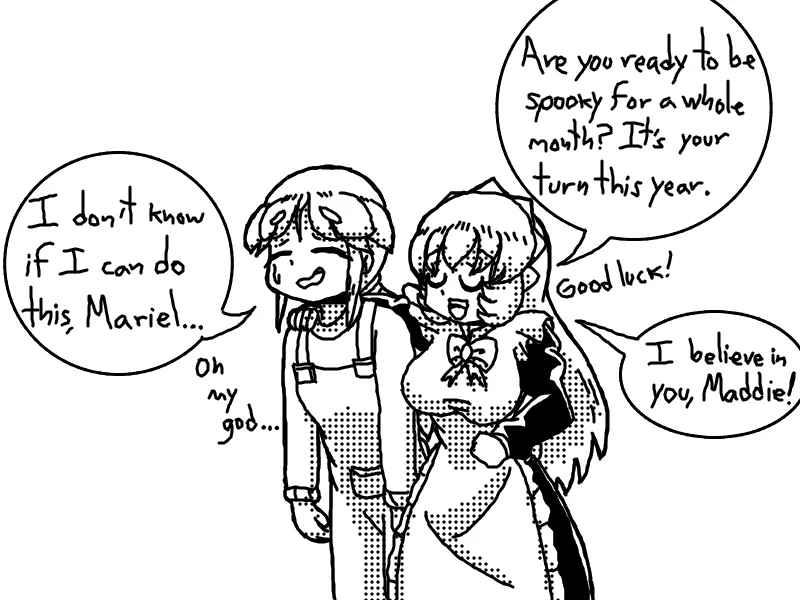 A black-and-white comic panel shows two anime-style girls. The girl on the right, Mariel, enthusiastically encourages her…