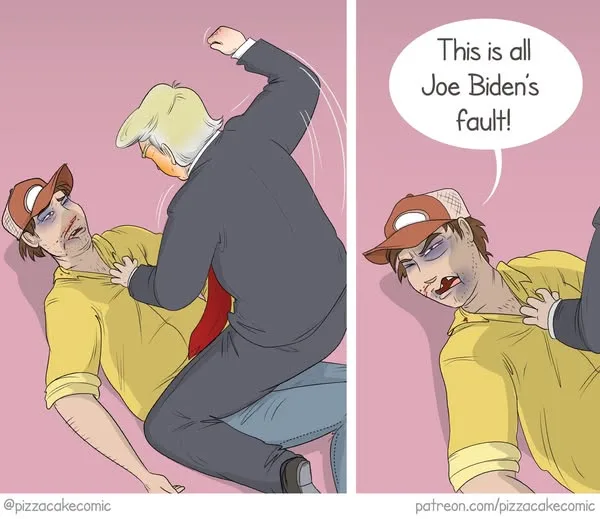 A two-panel comic shows a cartoon Donald Trump punching a cartoon Joe Biden, who is wearing a yellow shirt and baseball cap…