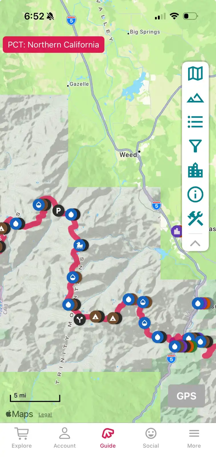 A screenshot of Apple Maps showing a hiking route labeled 'PCT: Northern California' through the Trinity Mountains, with a…