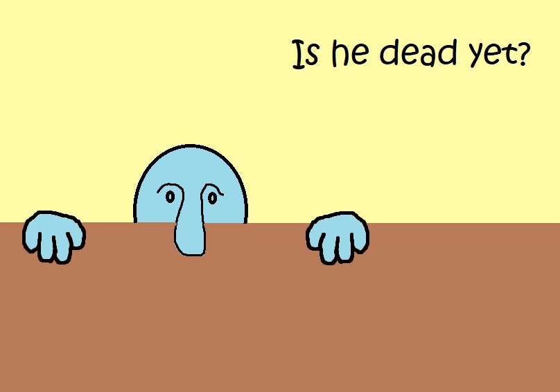A cartoon blue character with a long nose and wide eyes peeks over a brown surface against a yellow background, with the…