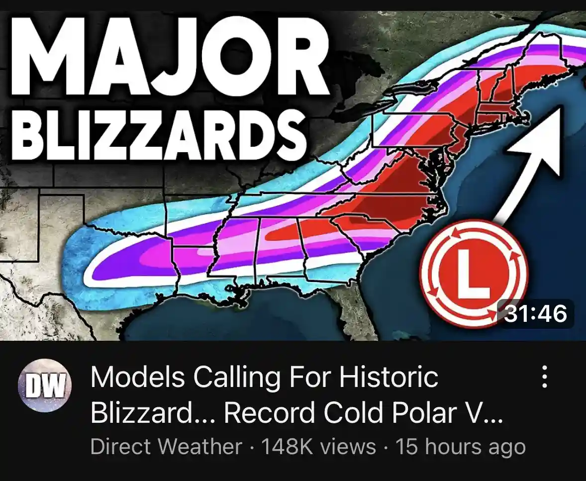 A weather map graphic shows a large, intense low-pressure system labeled with a big 'L' moving over the eastern United…