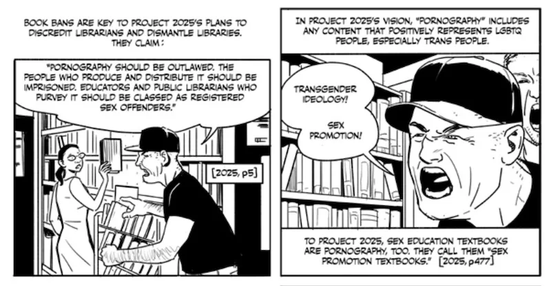 A two-panel black-and-white comic strip depicts a man in a library yelling accusations while a woman looks on. The text…