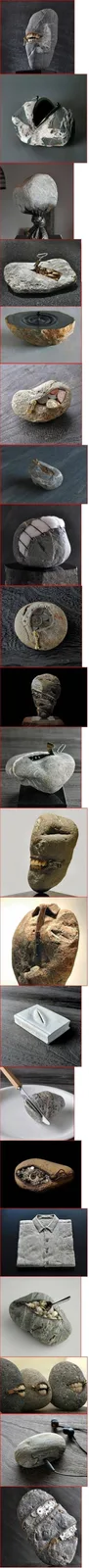 A vertical collage of 15 images showcasing various creatively modified rocks. Some rocks have zippers, teeth, or eyes carved…
