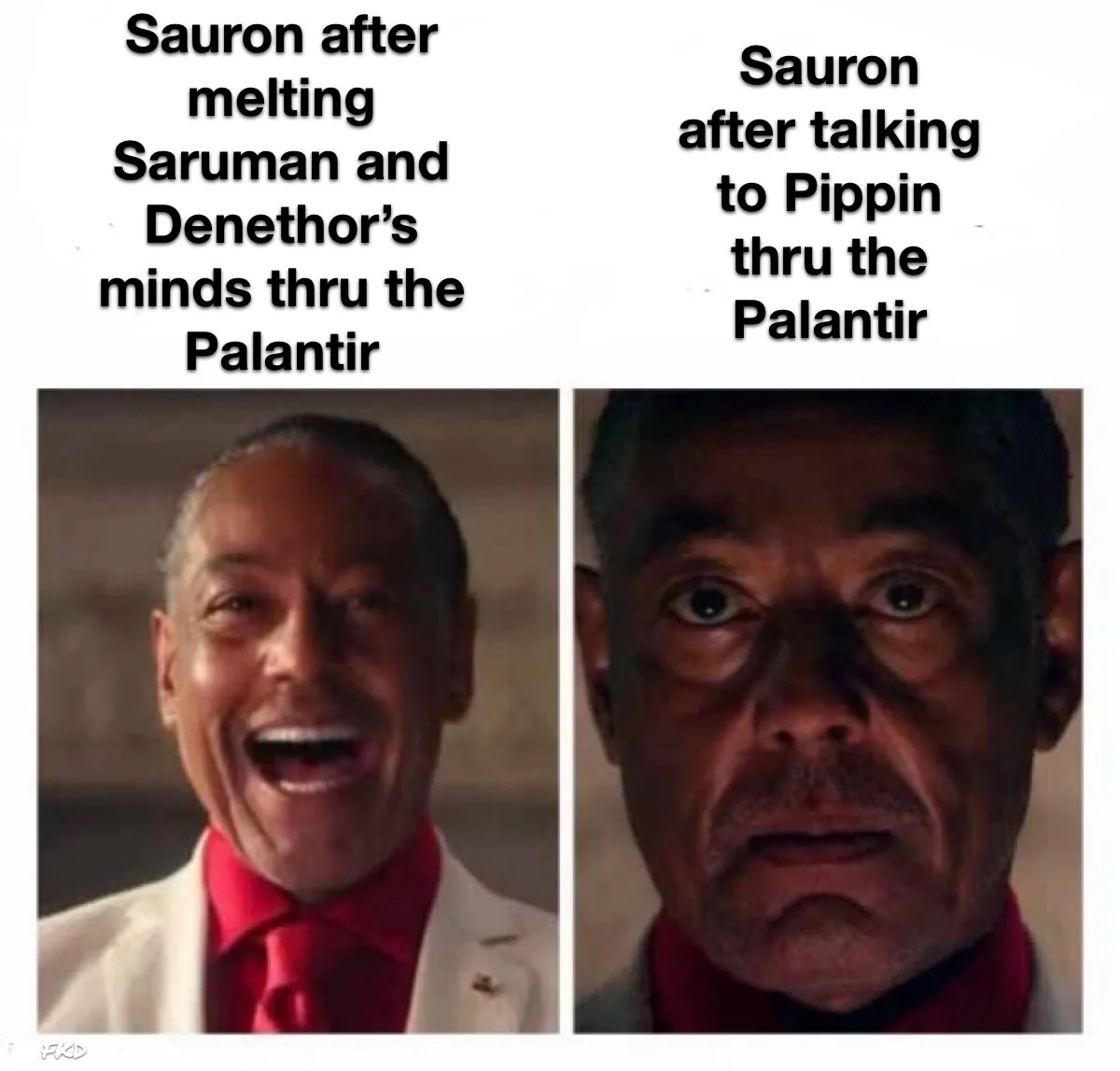 The image displays two side-by-side photos of actor Giancarlo Esposito. The left panel shows him with a wide, gleeful grin…