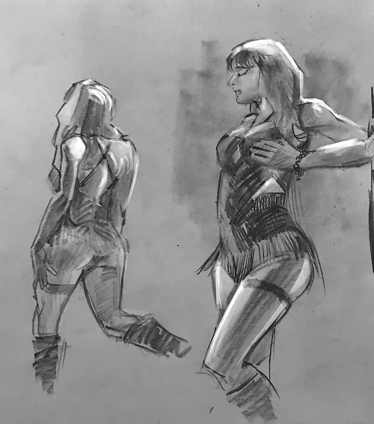 A black-and-white sketch shows two female figures in similar outfits, one kneeling and one standing with a bow. The standing…