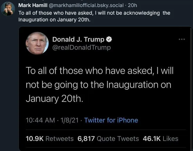 The image displays a screenshot of a tweet from Mark Hamill's account, which reads: 'To all of those who have asked, I will…