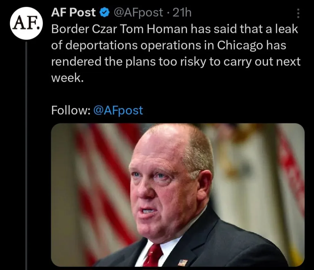 A screenshot of a tweet from AF Post shows a photo of Tom Homan, a man in a dark suit and red tie with an American flag pin…