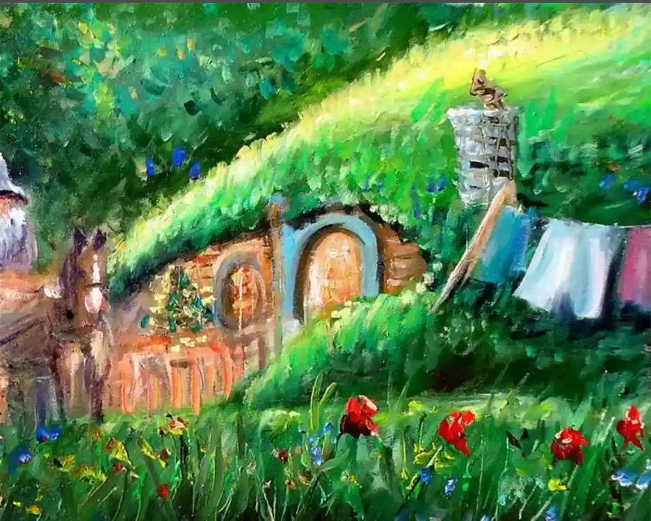A colorful painting depicts a hobbit-style house with a grassy roof, surrounded by greenery and flowers. Laundry hangs on a…