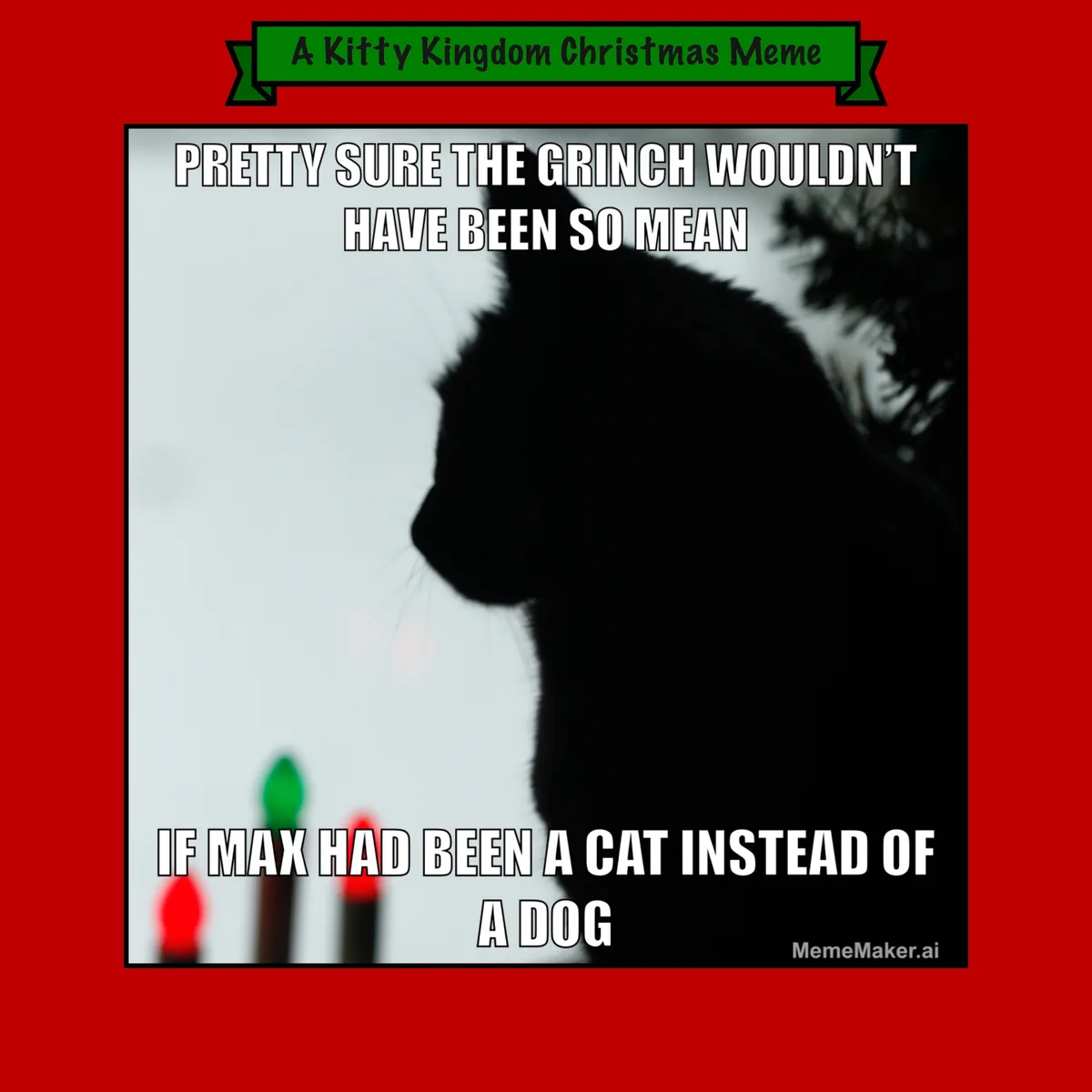 A black cat's silhouette is shown in profile against a bright, snowy background with blurred red and green Christmas lights…