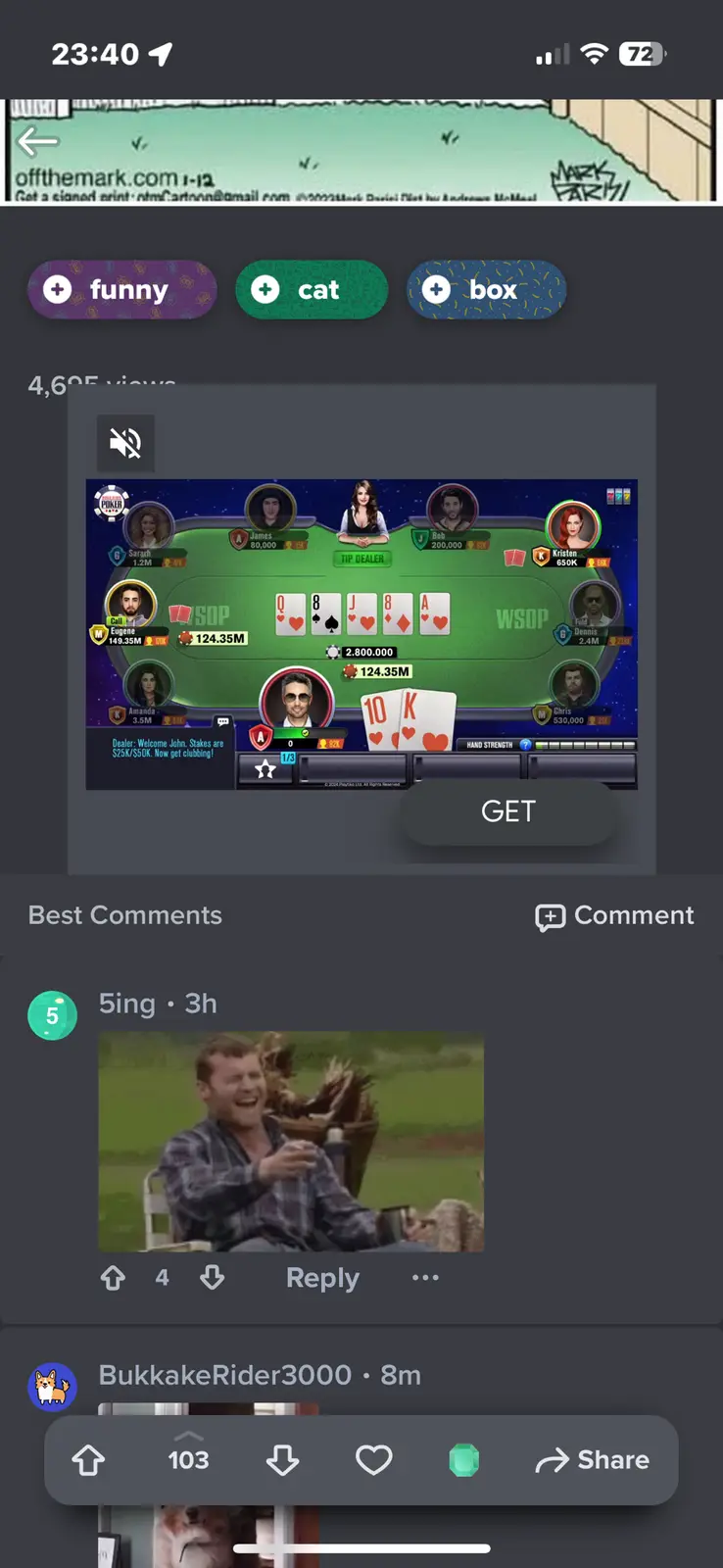 A screenshot of a mobile poker game interface shows a player's hand of 10 and King of hearts, with a 'GET' button overlaid…