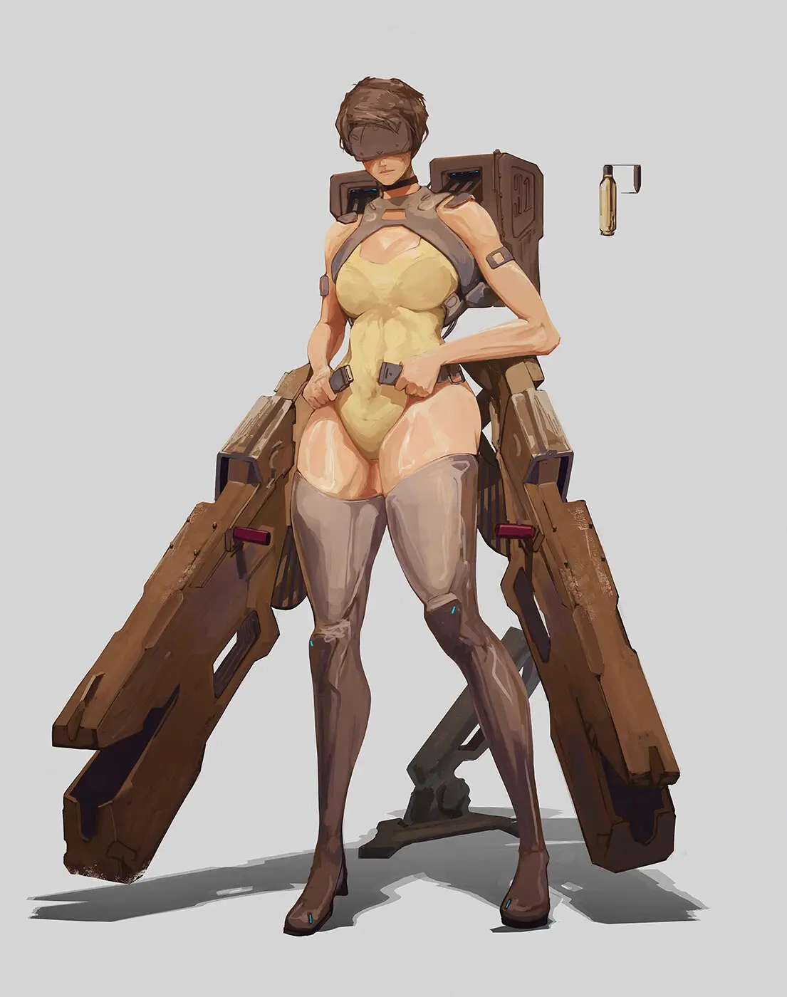 A female sci-fi character with short hair and a blindfold stands in a revealing yellow bodysuit, flanked by two large, bulky…