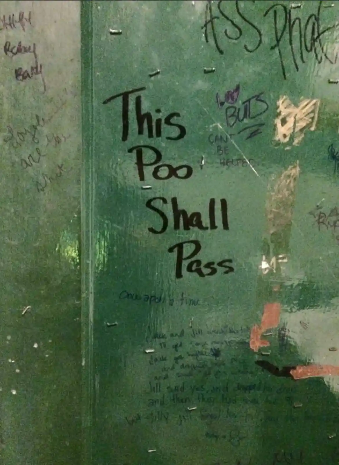 A green, weathered public restroom stall door covered in various handwritten graffiti tags and messages, with the prominent…