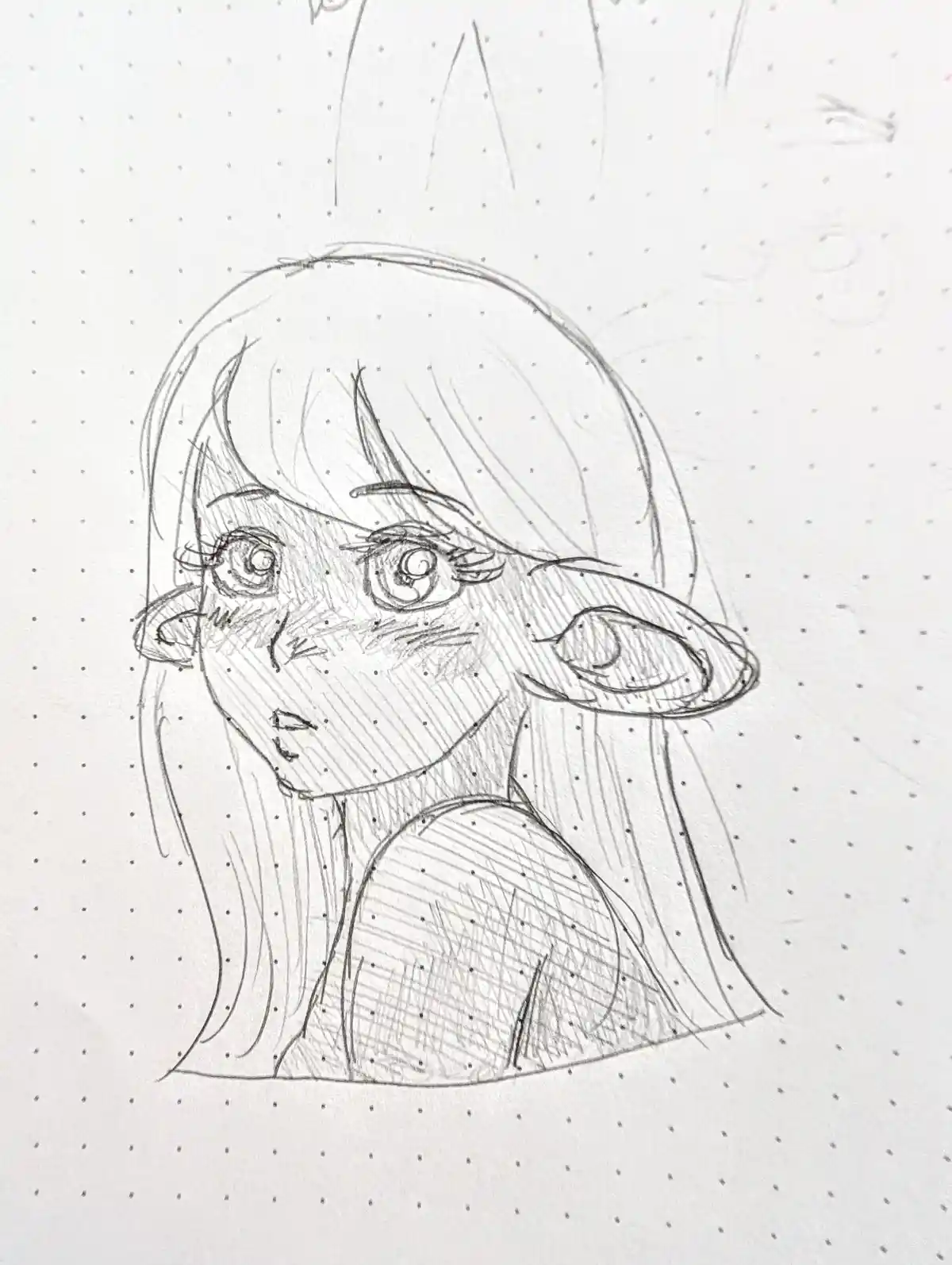 A pencil sketch on dotted paper shows a young girl with large, expressive eyes and long hair, looking slightly upward with a…