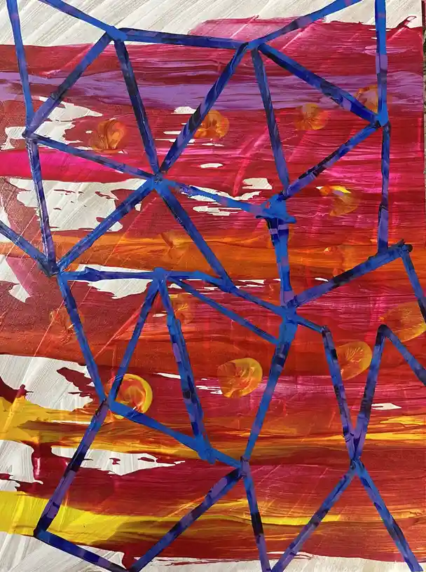 An abstract painting with a vibrant background of red, orange, and yellow brushstrokes, overlaid with a blue geometric…