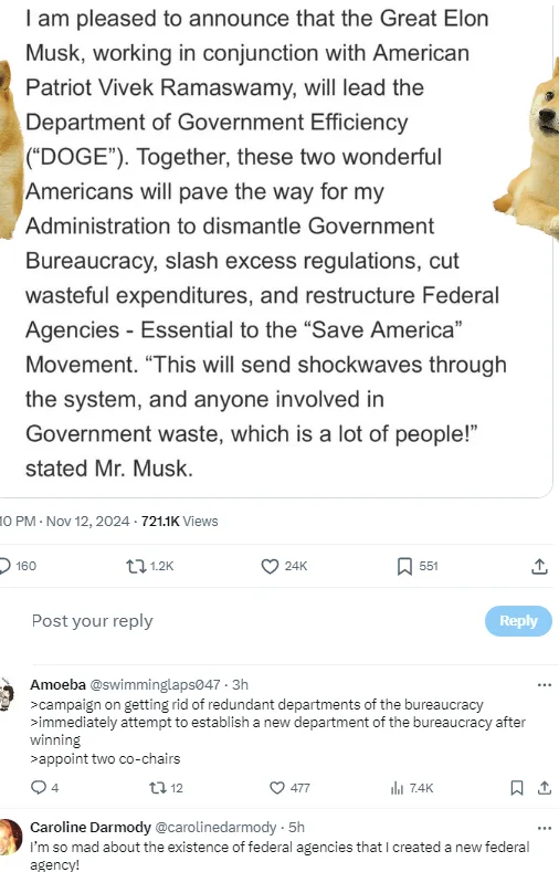 A screenshot of a social media post that reads like a satirical government announcement, claiming Elon Musk and Vivek…