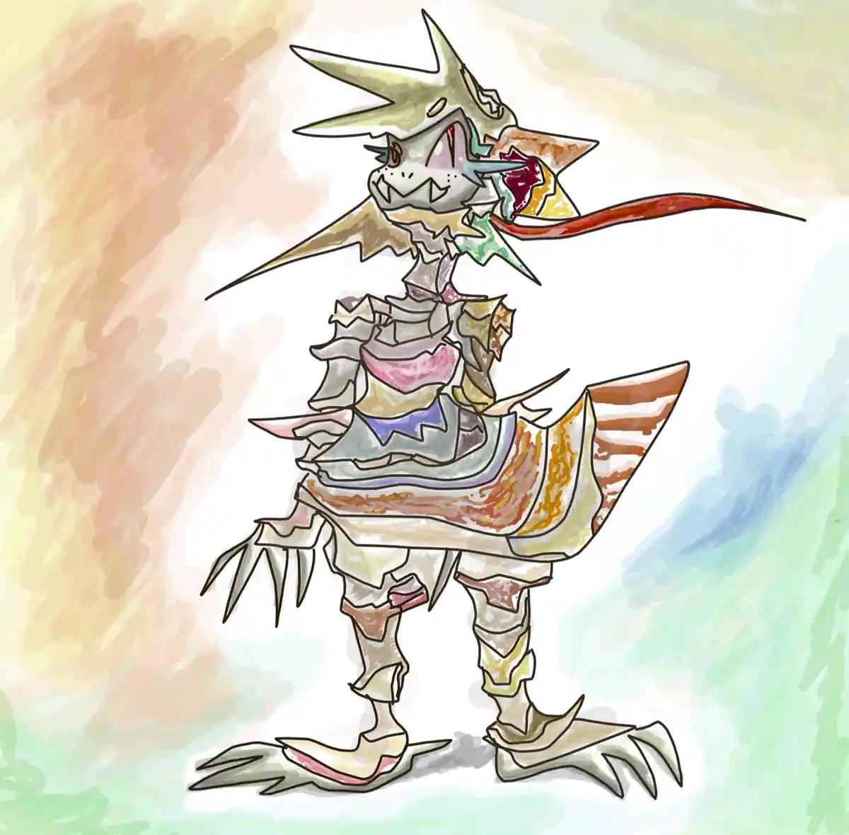 A cartoonish, stylized dragon-like creature with a skeletal structure, wearing layered, colorful armor and a spiked helmet…