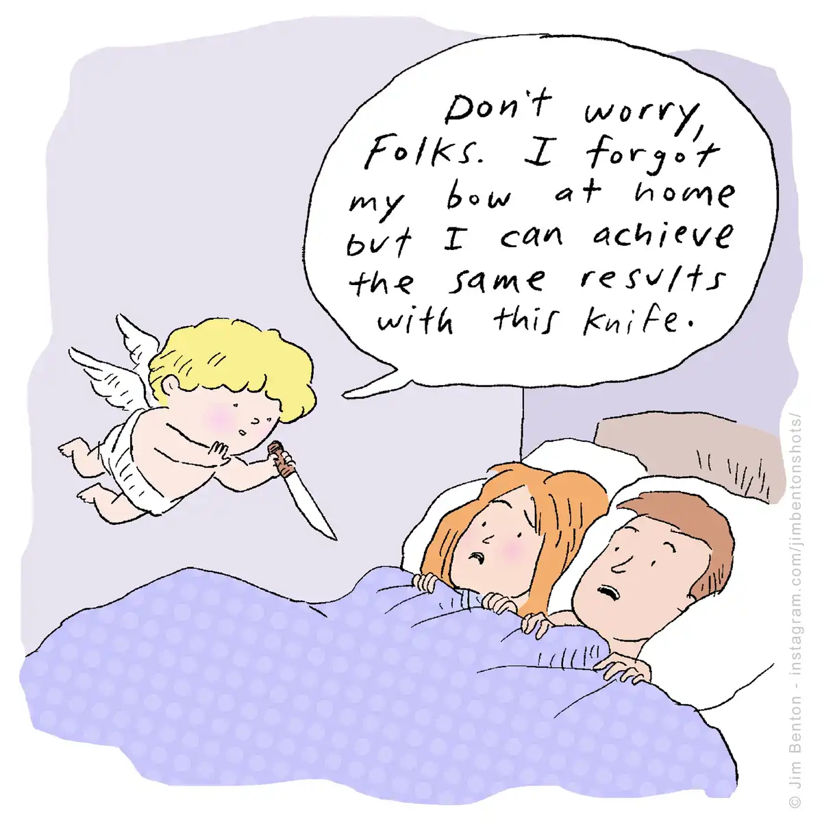 A cartoon cupid with blonde hair and wings floats above a couple in bed, holding a knife. The cupid speaks in a speech…